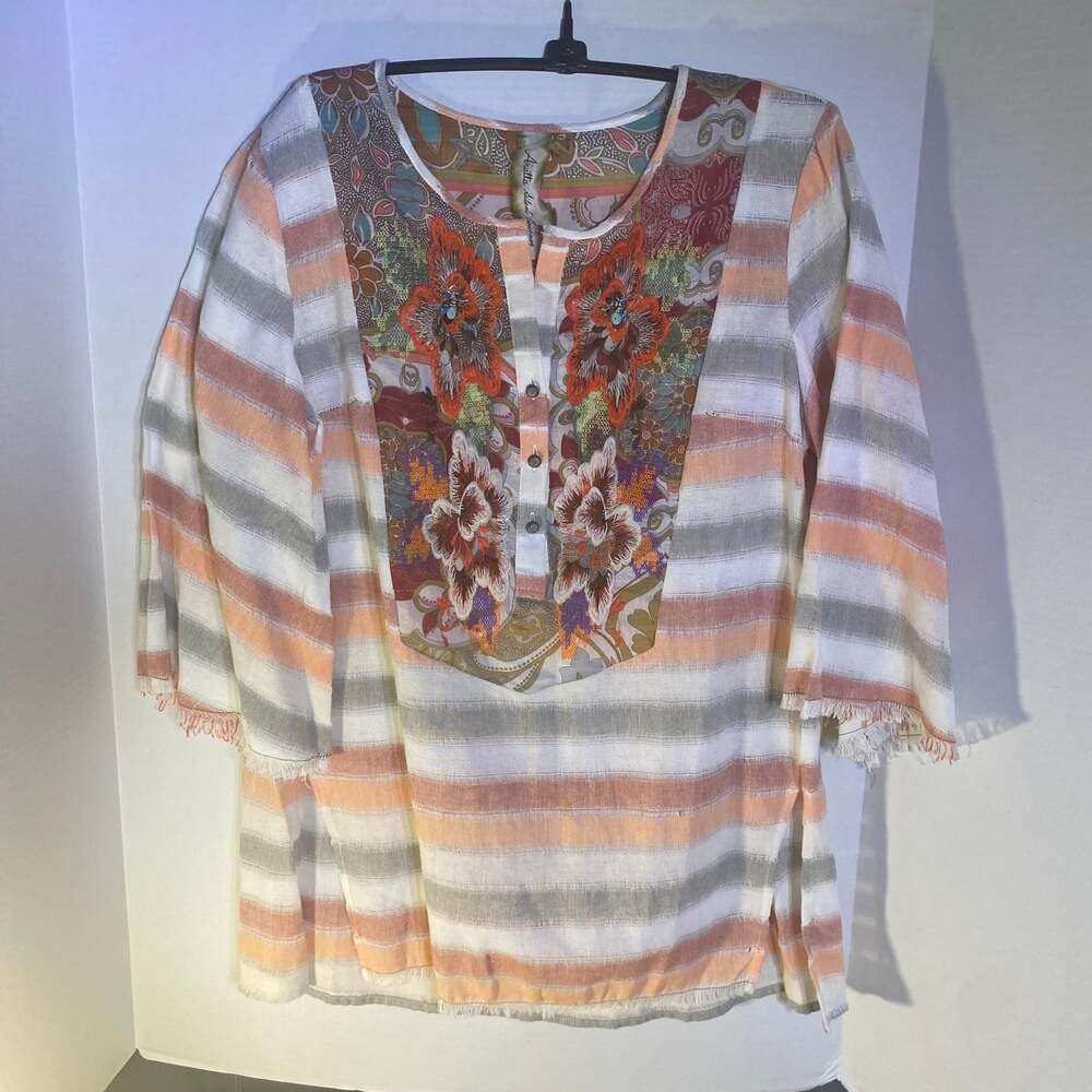 Aratta 51st Ave Embroidered Floral Peach Green Tunic Linen MSRP $150+ NWT